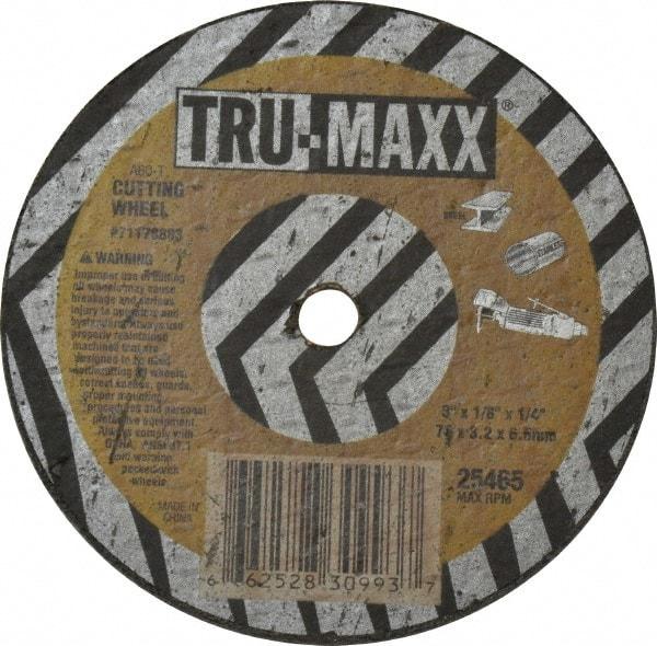 Tru-Maxx - 3" 46 Grit Aluminum Oxide Cutoff Wheel - 1/8" Thick, 1/4" Arbor, 25,465 Max RPM, Use with Die Grinders - A1 Tooling