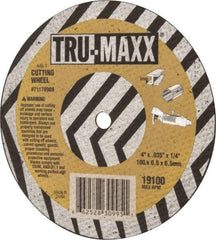 Tru-Maxx - 4" 60 Grit Aluminum Oxide Cutoff Wheel - 0.035" Thick, 1/4" Arbor, 19,100 Max RPM, Use with Die Grinders - A1 Tooling