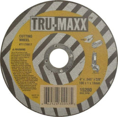 Tru-Maxx - 4" 60 Grit Aluminum Oxide Cutoff Wheel - 0.045" Thick, 5/8" Arbor, 15,280 Max RPM, Use with Portable Tools - A1 Tooling