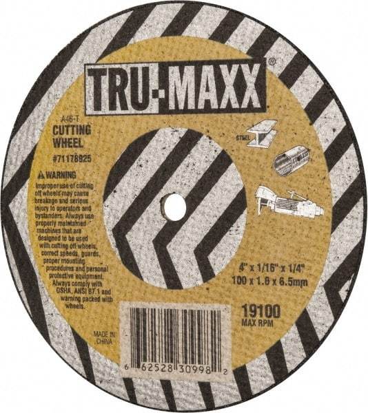 Tru-Maxx - 4" 60 Grit Aluminum Oxide Cutoff Wheel - 1/16" Thick, 1/4" Arbor, 19,100 Max RPM, Use with Die Grinders - A1 Tooling