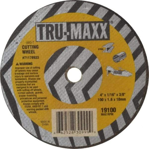 Tru-Maxx - 4" 60 Grit Aluminum Oxide Cutoff Wheel - 1/16" Thick, 3/8" Arbor, 19,100 Max RPM, Use with Die Grinders - A1 Tooling