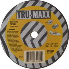 Tru-Maxx - 4" 60 Grit Aluminum Oxide Cutoff Wheel - 1/16" Thick, 3/8" Arbor, 19,100 Max RPM, Use with Die Grinders - A1 Tooling