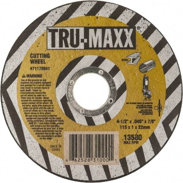 Tru-Maxx - 4-1/2" 60 Grit Aluminum Oxide Cutoff Wheel - 0.045" Thick, 7/8" Arbor, 13,580 Max RPM, Use with Portable Tools - A1 Tooling