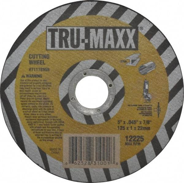 Tru-Maxx - 5" 60 Grit Aluminum Oxide Cutoff Wheel - 0.045" Thick, 7/8" Arbor, 12,225 Max RPM, Use with Portable Tools - A1 Tooling