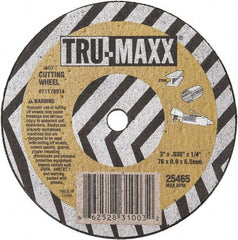 Tru-Maxx - 3" 60 Grit Aluminum Oxide Cutoff Wheel - 1/32" Thick, 1/4" Arbor, 25,465 Max RPM, Use with Die Grinders - A1 Tooling