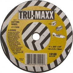 Tru-Maxx - 4" 60 Grit Aluminum Oxide Cutoff Wheel - 0.035" Thick, 3/8" Arbor, 19,100 Max RPM, Use with Die Grinders - A1 Tooling