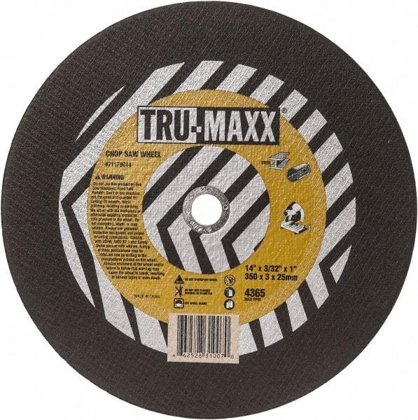 Tru-Maxx - 14" 36 Grit Aluminum Oxide Cutoff Wheel - 3/32" Thick, 1" Arbor, 4,365 Max RPM, Use with Chop Saws - A1 Tooling