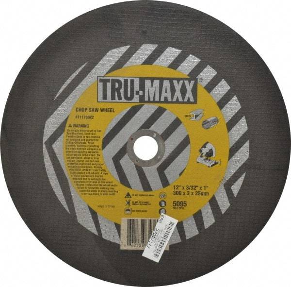 Tru-Maxx - 12" 36 Grit Aluminum Oxide Cutoff Wheel - 3/32" Thick, 1" Arbor, 5,095 Max RPM, Use with Chop Saws - A1 Tooling