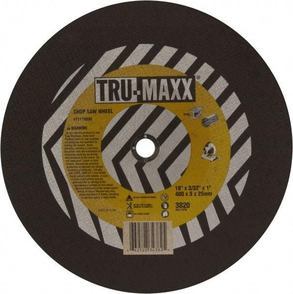 Tru-Maxx - 16" 36 Grit Aluminum Oxide Cutoff Wheel - 7/64" Thick, 1" Arbor, 3,820 Max RPM, Use with Chop Saws - A1 Tooling