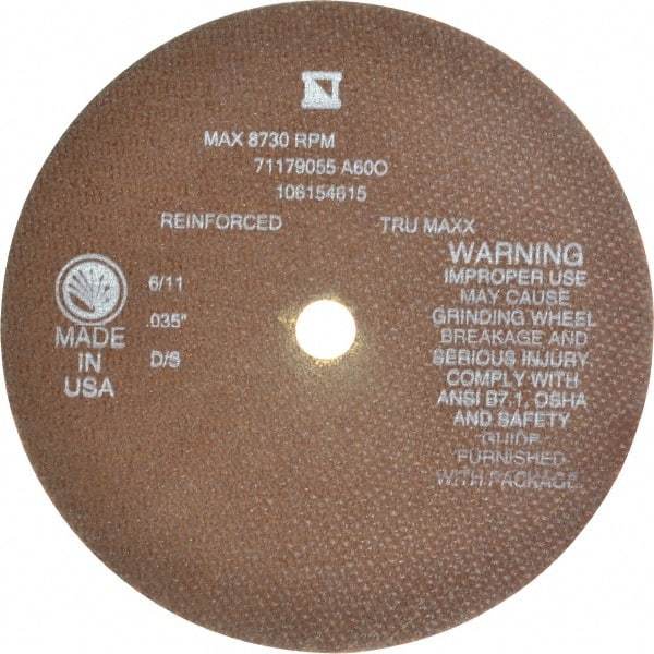 Tru-Maxx - 7" 60 Grit Aluminum Oxide Cutoff Wheel - 0.035" Thick, 5/8" Arbor, 8,731 Max RPM, Use with Stationary Tools - A1 Tooling