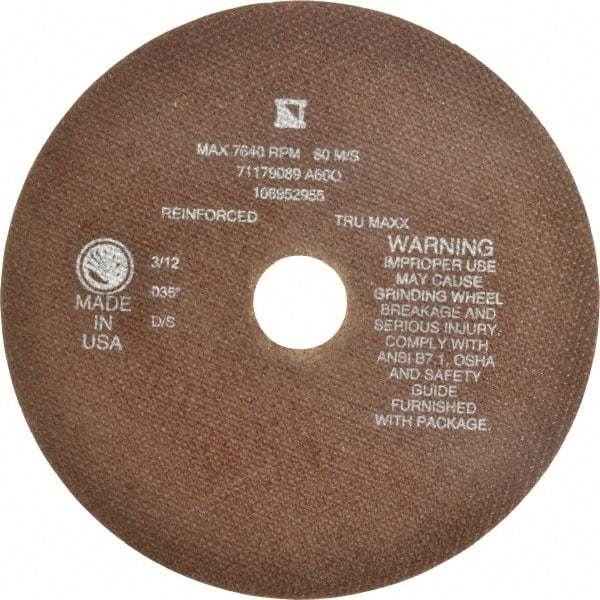 Tru-Maxx - 8" 60 Grit Aluminum Oxide Cutoff Wheel - 0.035" Thick, 1-1/4" Arbor, 7,639 Max RPM, Use with Stationary Tools - A1 Tooling