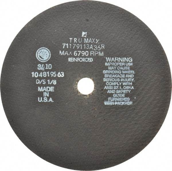 Tru-Maxx - 9" 36 Grit Aluminum Oxide Cutoff Wheel - 1/8" Thick, 7/8" Arbor, 6,791 Max RPM, Use with Angle Grinders - A1 Tooling