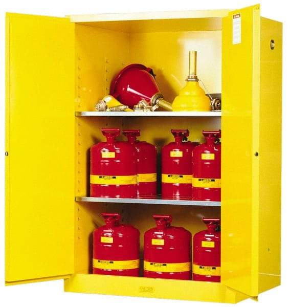 Justrite - 2 Door, 2 Shelf, Yellow Steel Standard Safety Cabinet for Flammable and Combustible Liquids - 65" High x 43" Wide x 34" Deep, Manual Closing Door, 3 Point Key Lock, 90 Gal Capacity - A1 Tooling