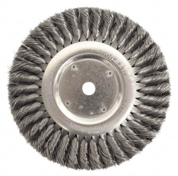 Weiler - 10" OD, 3/4" Arbor Hole, Knotted Steel Wheel Brush - 3/4" Face Width, 1-3/4" Trim Length, 0.014" Filament Diam, 4,500 RPM - A1 Tooling