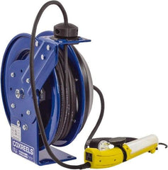 CoxReels - 16 AWG, 50' Cable Length, Cord & Cable Reel with Fluorescent Angle Light with Tool Tap Plug End - 1 Outlet, 13 Amps, 115 Volts, SJTO Cable, Blue Reel, Spring Driven Reel - A1 Tooling