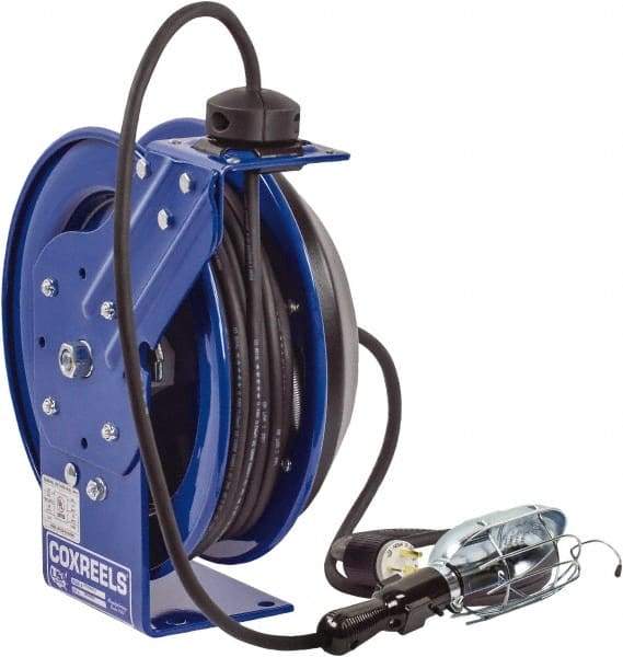 CoxReels - 16 AWG, 50' Cable Length, Cord & Cable Reel with Incandescent Hand Lamp with Tool Tap Plug End - 1 Outlet, NEMA 5-15R, 13 Amps, 115 Volts, SJTO Cable, Blue Reel, Spring Driven Reel - A1 Tooling