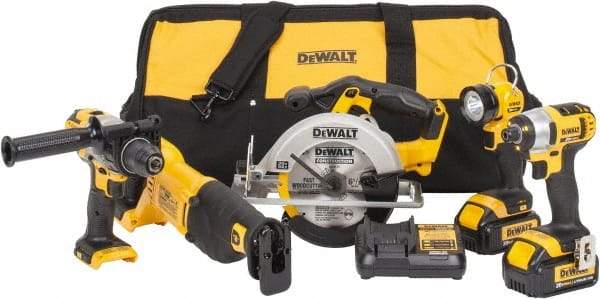 DeWALT - 12 Piece 20 Volt Cordless Tool Combination Kit - Includes 1/2" Hammerdrill, 1/4" Impact Driver, Reciprocating Saw, 6-1/2" Circular Saw & LED Worklight, Lithium-Ion Battery Included - A1 Tooling