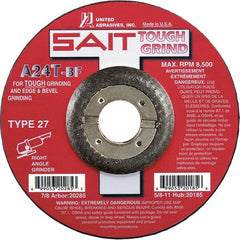 Sait - 24 Grit, 4-1/2" Wheel Diam, 1/4" Wheel Thickness, 7/8" Arbor Hole, Type 27 Depressed Center Wheel - Aluminum Oxide, Resinoid Bond, T Hardness, 13,300 Max RPM, Compatible with Angle Grinder - A1 Tooling