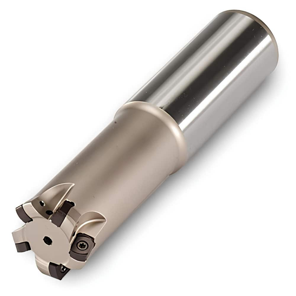 Indexable High-Feed End Mill: 5/8″ Cut Dia, 0.6102″ Cylindrical Shank Uses 2 UNLU Inserts, 0.028″ Max Depth, 4″ OAL, Through Coolant