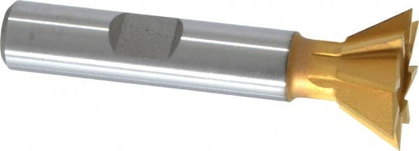 Made in USA - 3/4" Diam x 5/16" Width of Cut, 60° Included Angle, High Speed Steel Dovetail Cutter - 3/8" Shank Diam, 2-1/8" Overall Length, Weldon Flat, TiN Coated - A1 Tooling