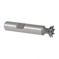 Made in USA - 1/2" Diam x 1/8" Width of Cut, 45° Included Angle, High Speed Steel Dovetail Cutter - 3/8" Shank Diam, 2" Shank Length, 2-1/8" Overall Length, Weldon Flat, Uncoated - A1 Tooling