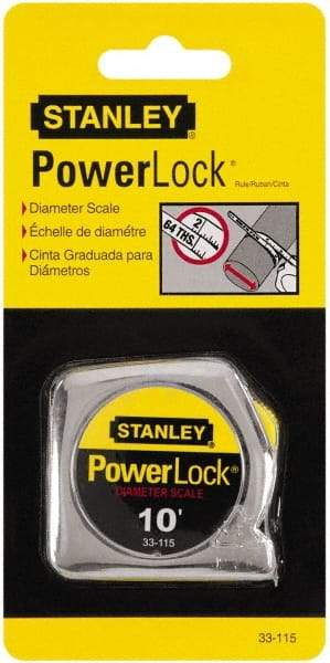 Stanley - 10' x 1/4" Yellow Blade Tape Measure - 1/32 & 1/16" Graduation, Inch Graduation Style, Silver Case - A1 Tooling