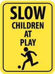 NMC - "Slow - Children at Play", "Child Playing", 18" Wide x 24" High, Aluminum Traffic Control Signs - 0.08" Thick, Black on Yellow, Engineer Grade Reflectivity, Rectangle, Post Mount - A1 Tooling