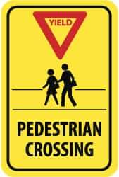 NMC - "Yield - Pedestrian Crossing", "Pedestrians, Red Triangle", 12" Wide x 18" High, Aluminum Pedestrian Crossing Signs - 0.08" Thick, Red & Black on Yellow, High Intensity Reflectivity, Rectangle, Post Mount - A1 Tooling