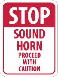 NMC - "Stop - Sound Horn - Proceed with Caution", 18" Wide x 24" High, Aluminum Construction Roadway Signs - 0.08" Thick, Red on White, Engineer Grade Reflectivity, Rectangle, Post Mount - A1 Tooling