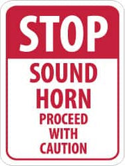 NMC - "Stop - Sound Horn - Proceed with Caution", 18" Wide x 24" High, Aluminum Construction Roadway Signs - 0.08" Thick, Red on White, Engineer Grade Reflectivity, Rectangle, Post Mount - A1 Tooling