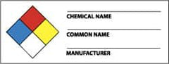 NMC - Hazardous Materials Label - Legend: Chemical Name ___ - Common Name ___ - Manufacturer ___, English, Black, Blue, Red, Yellow & White, 4" Long x 1-1/2" High, Sign Muscle Finish - A1 Tooling