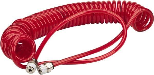 PRO-SOURCE - 0.16 ID, 1/4 Thread, 15' Long, Red Polyurethane Coiled & Self Storing Hose - 125 Max psi, Male Swivel x Male Swivel - A1 Tooling