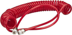 PRO-SOURCE - 0.16 ID, 1/4 Thread, 15' Long, Red Polyurethane Coiled & Self Storing Hose - 125 Max psi, Male Swivel x Male Swivel - A1 Tooling