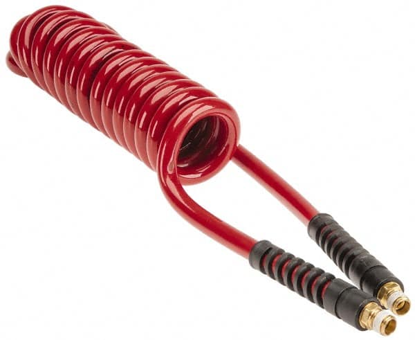 PRO-SOURCE - 3/8" ID, 1/4 Thread, 10' Long, Red Polyurethane Coiled & Self Storing Hose - 200 Max psi, Male Swivel x Male Swivel - A1 Tooling