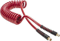 PRO-SOURCE - 3/8" ID, 1/4 Thread, 15' Long, Red Polyurethane Coiled & Self Storing Hose - 200 Max psi, Male Swivel x Male Swivel - A1 Tooling