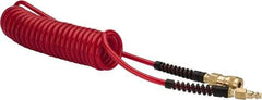 PRO-SOURCE - 1/4" ID, 1/4 Thread, 15' Long, Red Polyurethane Coiled & Self Storing Hose - Male Swivel x Male Swivel - A1 Tooling