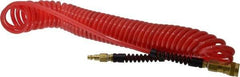 PRO-SOURCE - 1/4" ID, 1/4 Thread, 25' Long, Red Polyurethane Coiled & Self Storing Hose - Male Swivel x Male Swivel - A1 Tooling