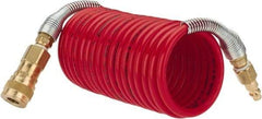 PRO-SOURCE - 1/4" ID, 1/4 Thread, 12' Long, Red Nylon Coiled & Self Storing Hose - 240 Max psi, Industrial Interchange Coupler x Plug - A1 Tooling