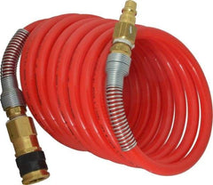 PRO-SOURCE - 3/8" ID, 3/8 Thread, 12' Long, Red Nylon Coiled & Self Storing Hose - 225 Max psi, Industrial Interchange Coupler x Plug - A1 Tooling