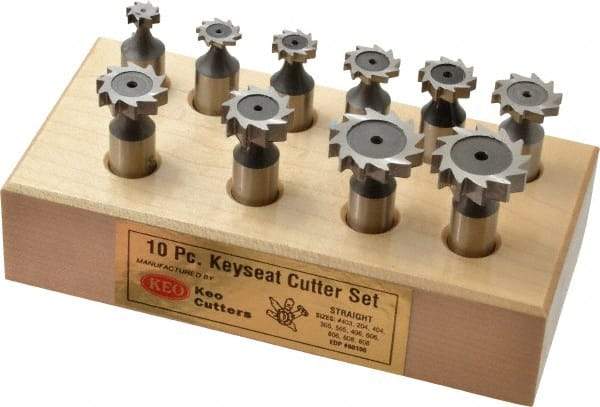 Keo - 3/8 to 1" Cutting Diam, Straight Tooth Configuration, Woodruff and Keyseat Cutter Set - 204 to 808 ANSI, High Speed Steel, 10 Pieces - A1 Tooling