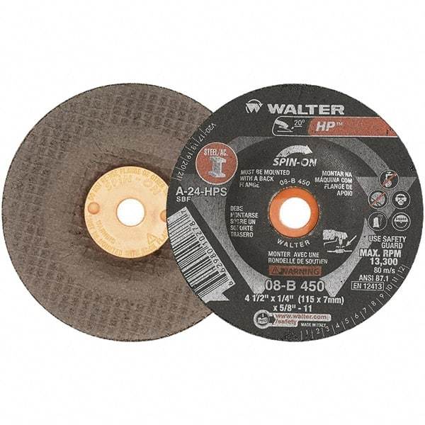 WALTER Surface Technologies - 24 Grit, 4-1/2" Wheel Diam, 1/4" Wheel Thickness, Type 27 Depressed Center Wheel - Aluminum Oxide, 13,300 Max RPM - A1 Tooling