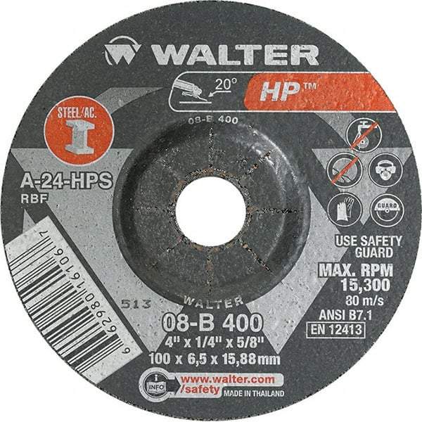 WALTER Surface Technologies - 24 Grit, 4" Wheel Diam, 1/4" Wheel Thickness, 5/8" Arbor Hole, Type 27 Depressed Center Wheel - Aluminum Oxide, Resinoid Bond, 15,000 Max RPM - A1 Tooling