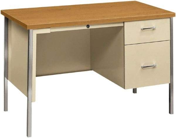 Hon - Woodgrain Laminate/Metal Right Pedestal Desk with Center Drawer - 45" Wide x 24" Deep x 29" High, Harvest/Putty - A1 Tooling