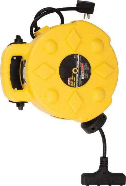 Bayco - 12 AWG, 50' Cable Length, Cord & Cable Reel with Outlet End - 4 Outlets, NEMA 5-15R, 15 Amps, SJTW Cable, Yellow Reel - A1 Tooling