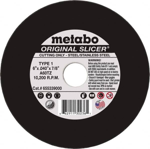 Metabo - 6" 60 Grit Aluminum Oxide Cutoff Wheel - 0.04" Thick, 7/8" Arbor, 10,200 Max RPM, Use with Angle Grinders - A1 Tooling