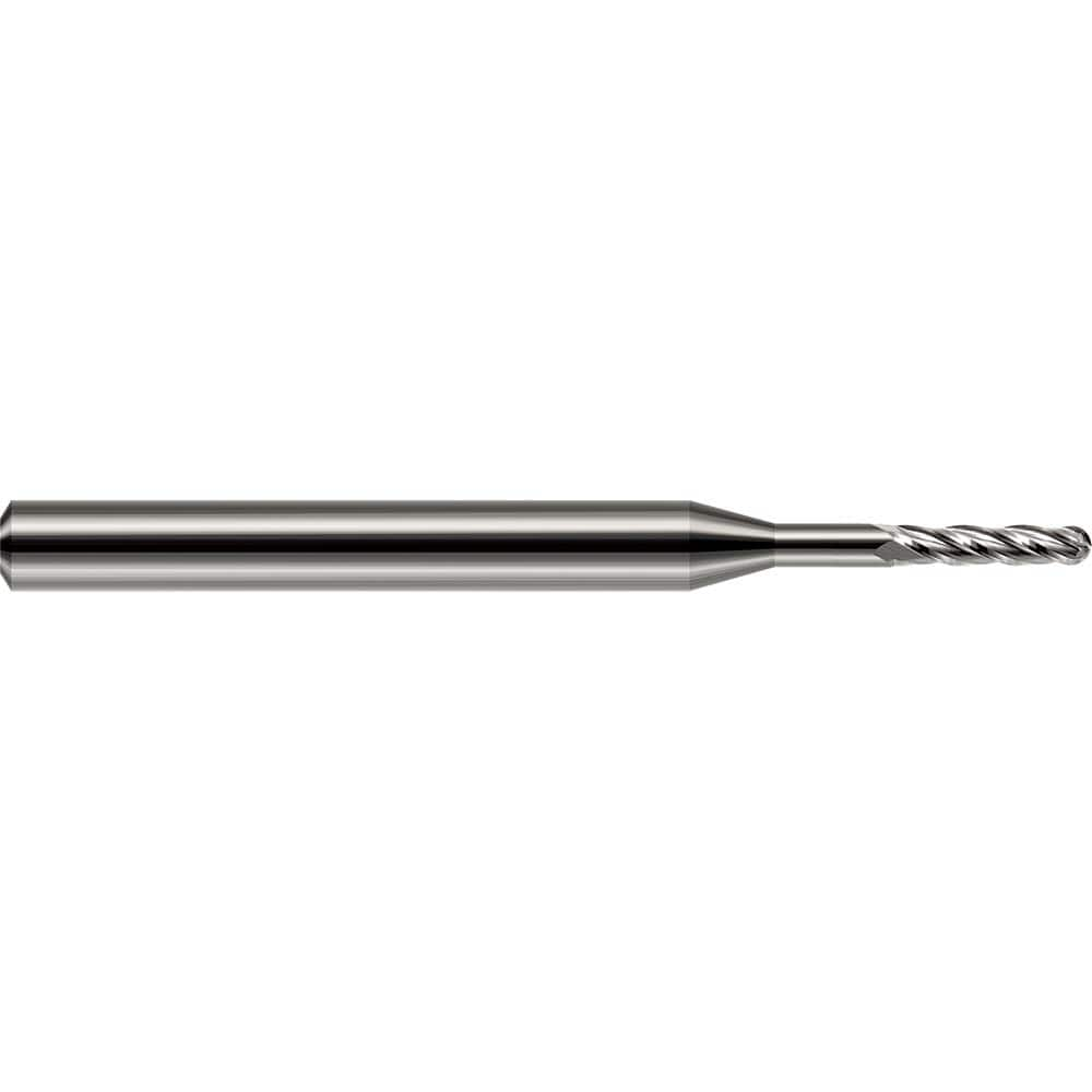 Ball End Mill: 0.125″ Dia, 0.375″ LOC, 4 Flute, Solid Carbide 2″ OAL, 1/8″ Shank Dia, 30 ° Helix, Uncoated, Single End