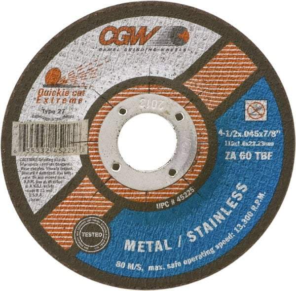 Camel Grinding Wheels - 60 Grit, 6" Wheel Diam, 7/8" Arbor Hole, Type 27 Depressed Center Wheel - Medium Grade, Zirconia Alumina, Resinoid Bond, T Hardness, 10,200 Max RPM - A1 Tooling