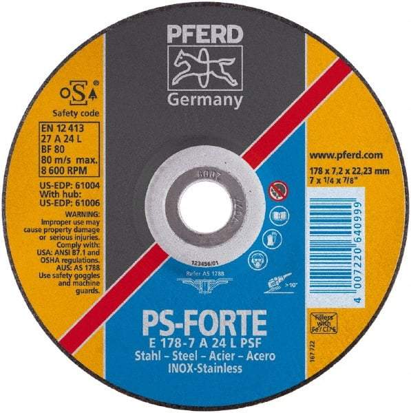 PFERD - 24 Grit, 4-1/2" Wheel Diam, 7/8" Arbor Hole, Type 27 Depressed Center Wheel - Aluminum Oxide, 1,300 Max RPM - A1 Tooling