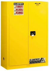 Justrite - 2 Door, 2 Shelf, Yellow Steel Standard Safety Cabinet for Flammable and Combustible Liquids - 65" High x 43" Wide x 18" Deep, Manual Closing Door, 3 Point Key Lock, 45 Gal Capacity - A1 Tooling