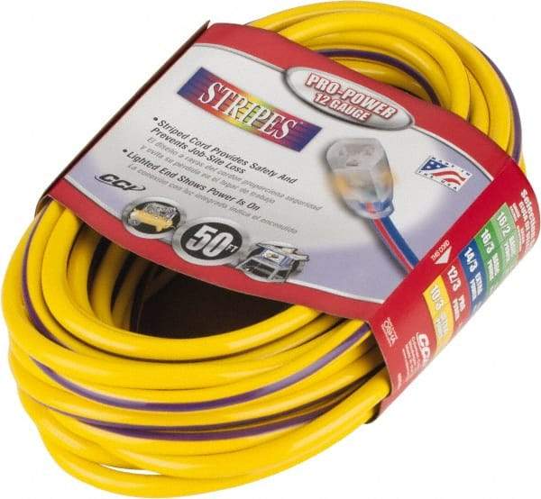 Southwire - 50', 12/3 Gauge/Conductors, Yellow/Purple Outdoor Extension Cord - 1 Receptacle, 15 Amps, 125 VAC, UL SJTW, NEMA 5-15P, 5-15R - A1 Tooling